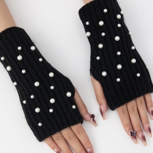 2/$30 Women's Black Knitted Fingerless Gloves with Pearl Accents Winter Fall - Picture 5 of 5